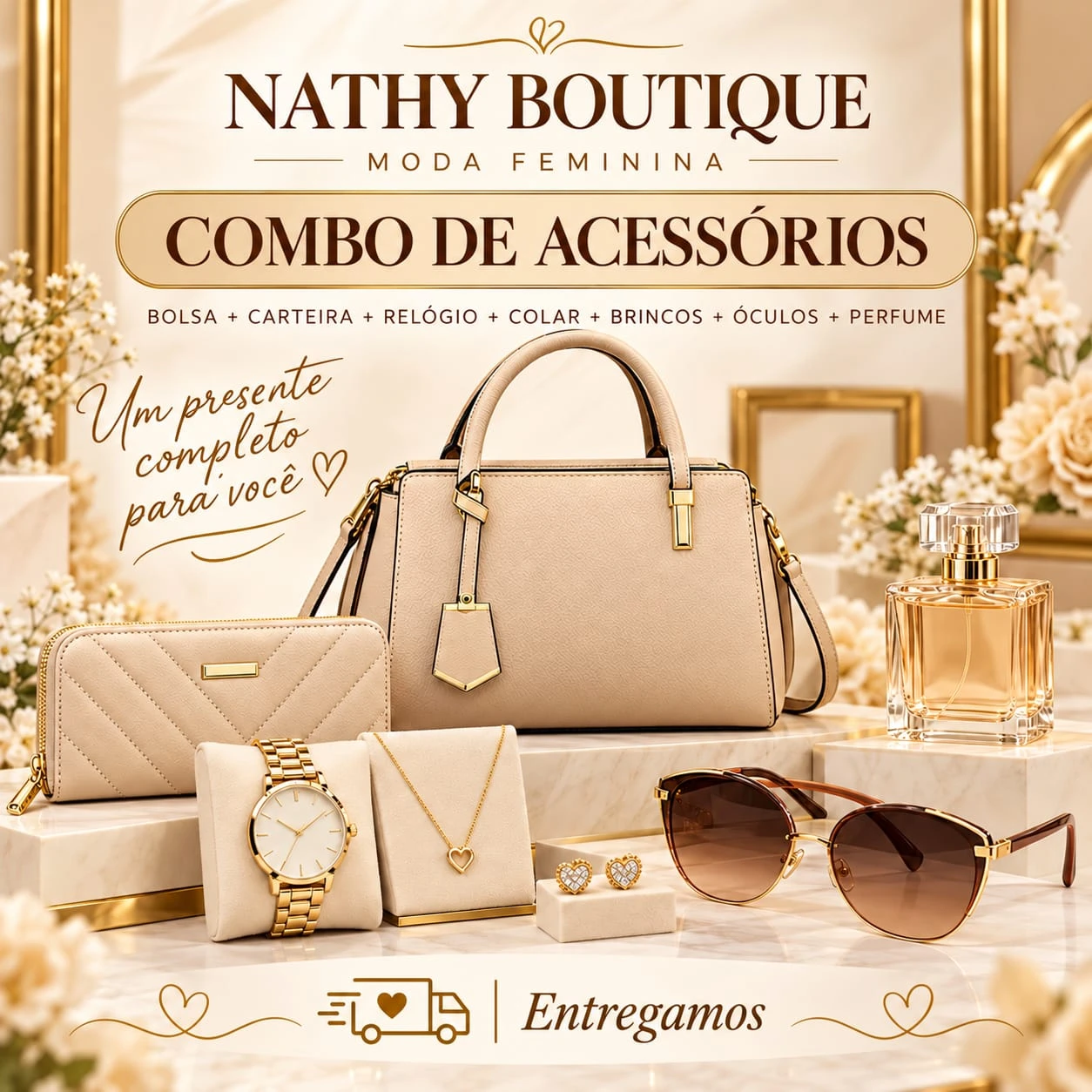 Seleção de acessórios Nathy Boutique em tons dourados