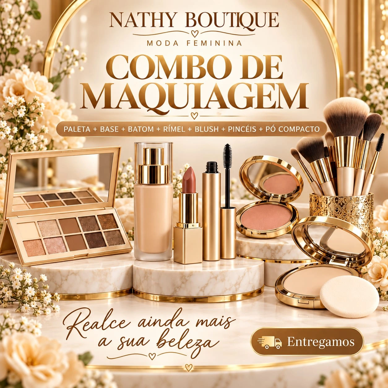 Combo de maquiagem: paleta, base, batom, rímel, blush, pincéis e pó compacto