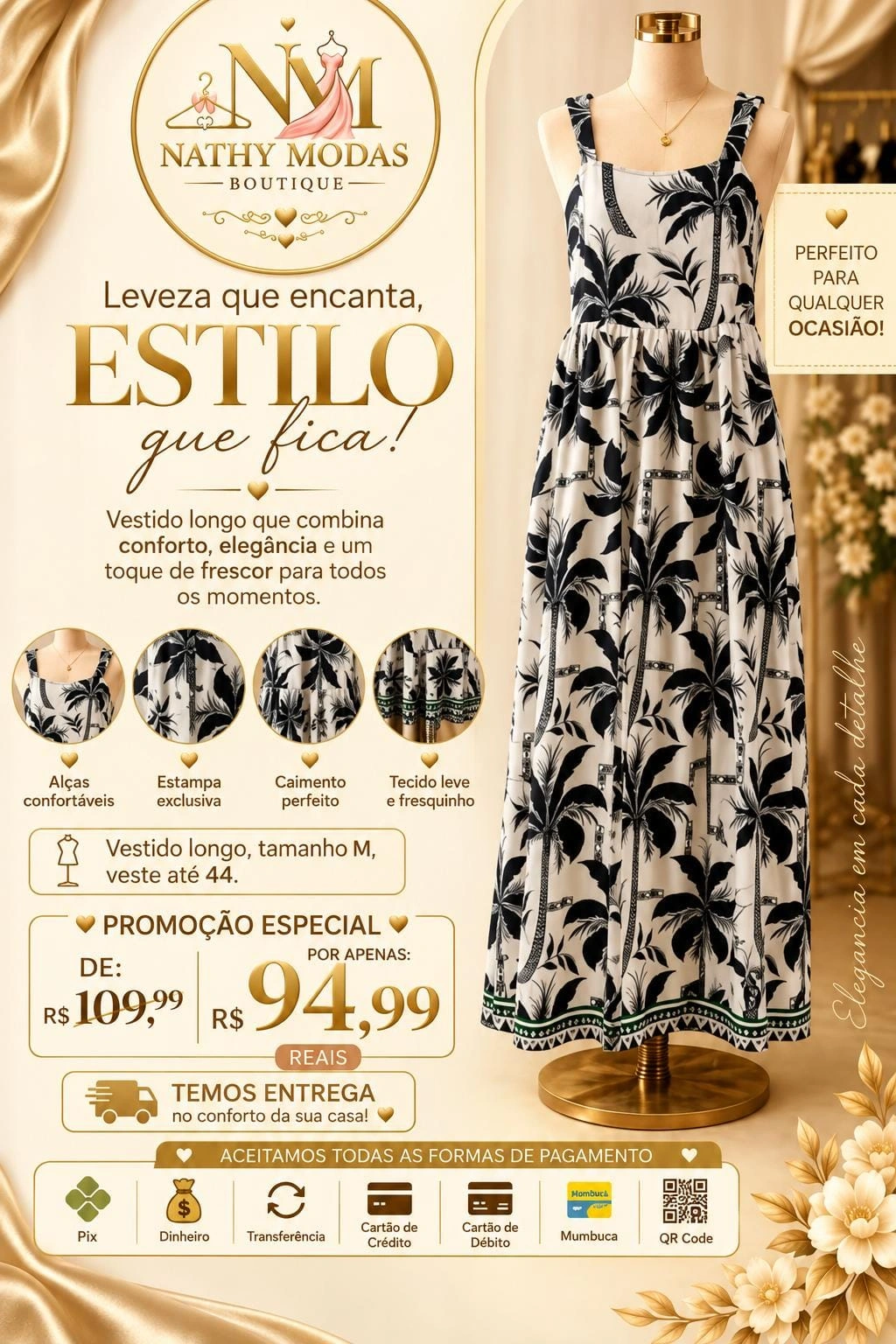 Vestido longo estampado preto e branco