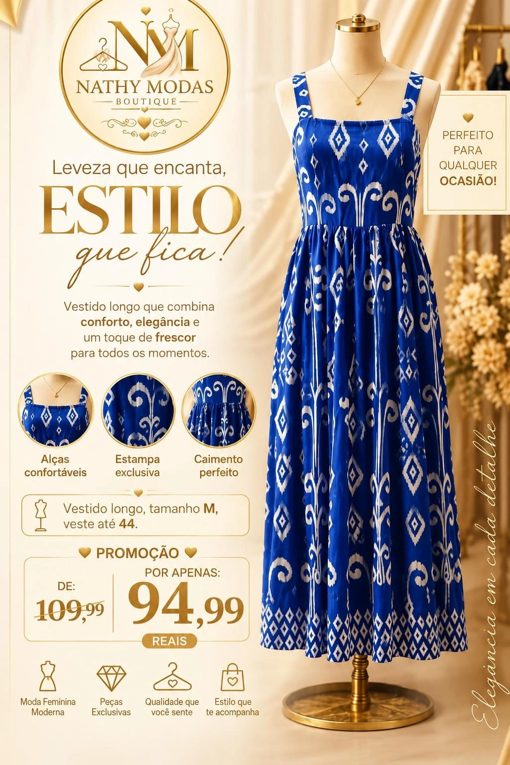 Vestido longo estampado azul